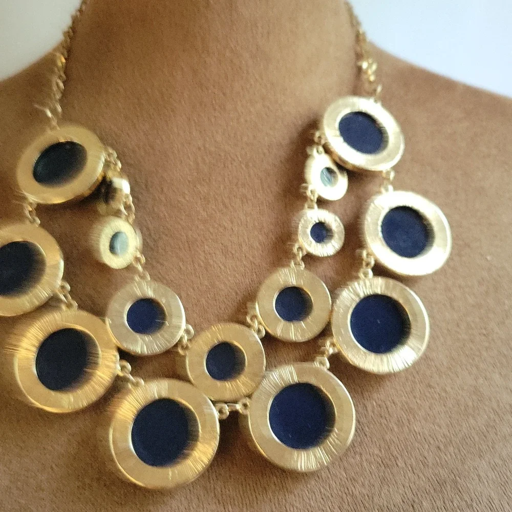 Kate Spade Navy Blue Gold Tone Resin Stone Bib Statement Necklace Size 17 Preppy